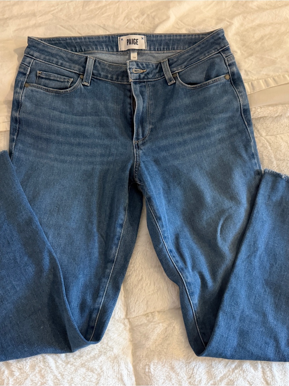 PAIGE Women's Medium Blue Straight Cropped Jeans Raw Hem